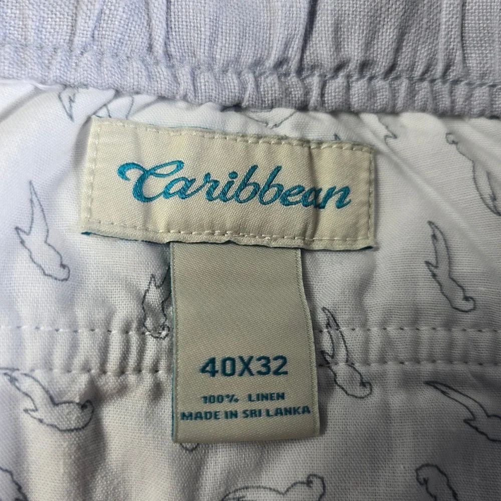 Caribbean Mens 100% Linen Pants 40x32 Light Blue‎ Grey Elastic Waist Drawstring